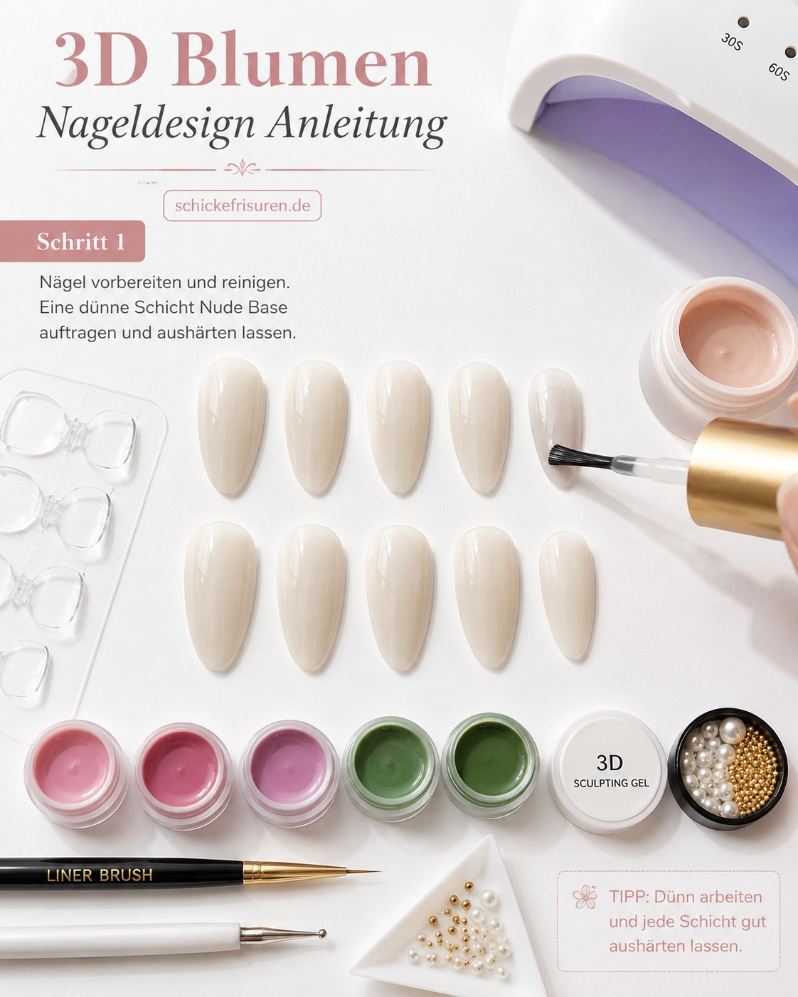 Vorbereitete Nageltips mit Nude Base für die 3D Blumen Nageldesign Anleitung unter der UV-Lampe