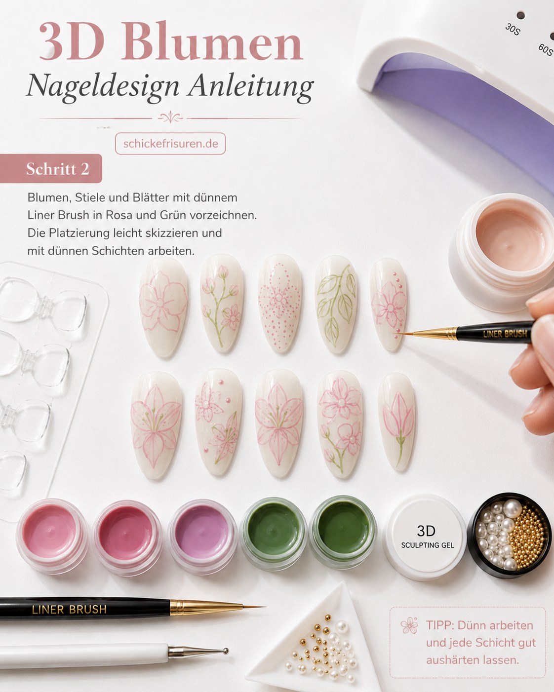 Liner Brush zeichnet Blüten und Stiele in Rosa und Grün vor für das 3D Blumen Nageldesign