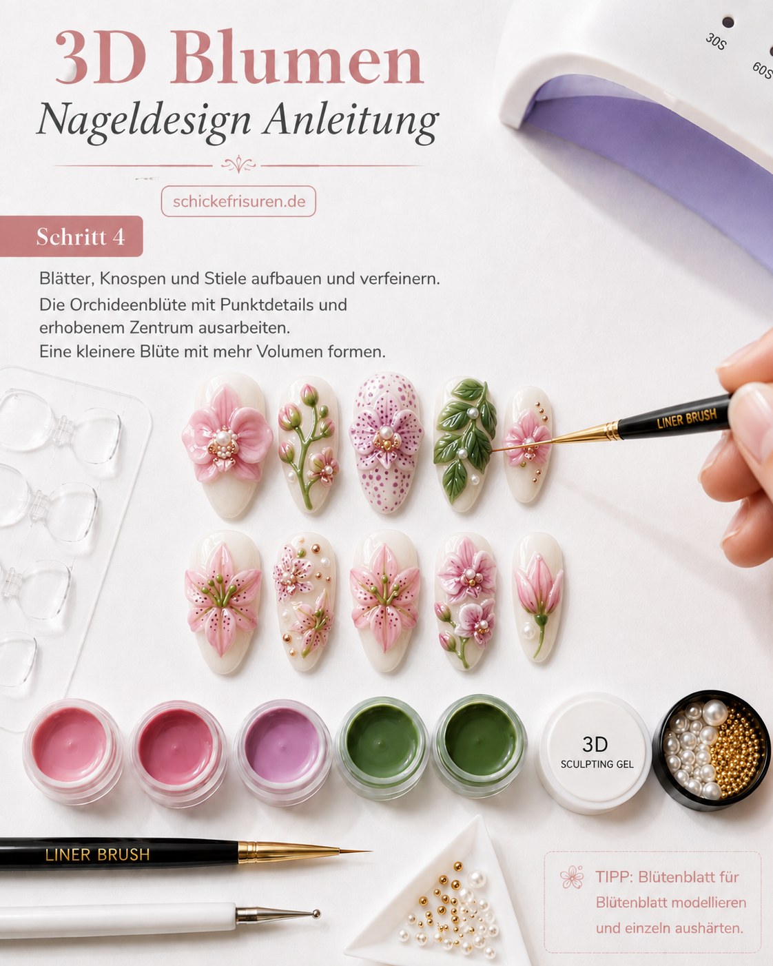 Orchideenblüte mit Punktdetails und Blättern in der 3D Blumen Nageldesign Anleitung