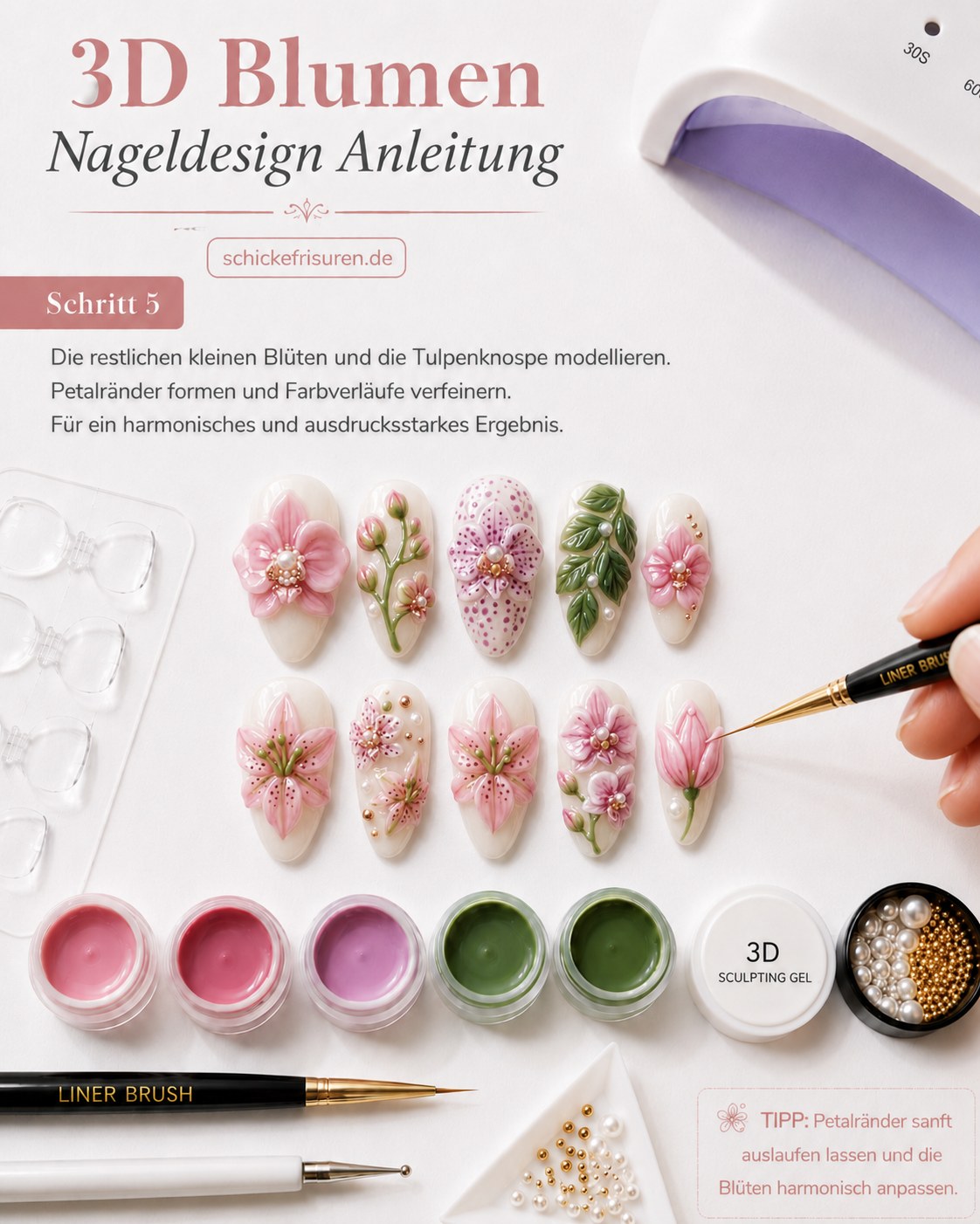 Tulpenknospe und kleine Blüten verfeinern für ein harmonisches 3D Blumen Nageldesign