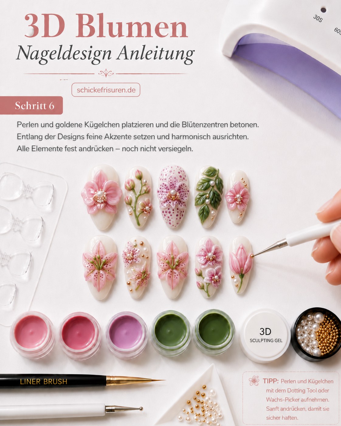Perlen und goldene Kügelchen setzen die Blütenzentren im 3D Blumen Nageldesign