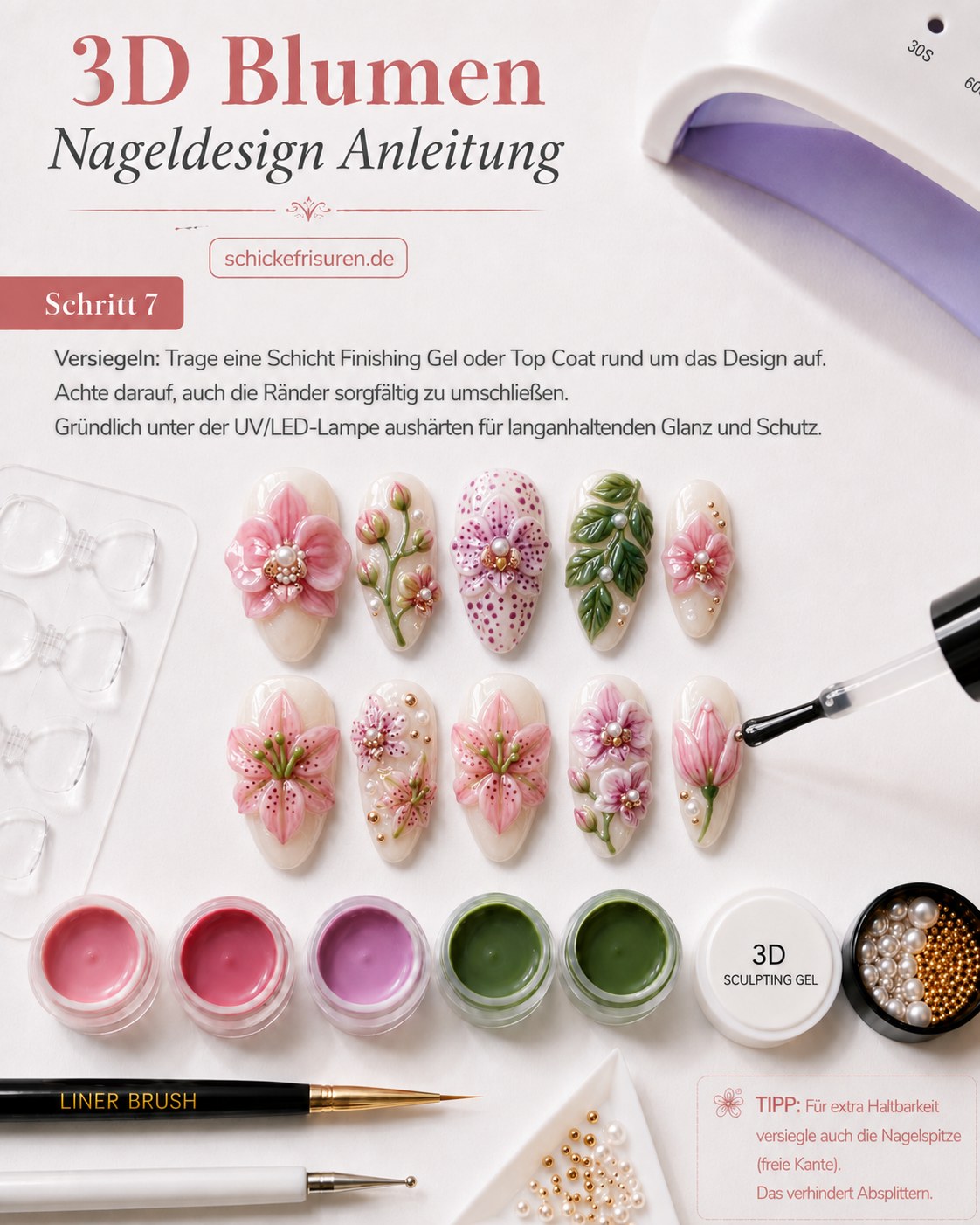 Finishing Gel versiegelt die Ränder für langanhaltendes 3D Blumen Nageldesign