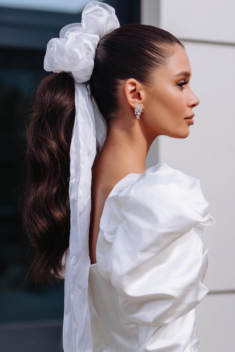 11. Abend Frisuren 2026: Bubble Ponytail mit Satinbändern und klarer Struktur