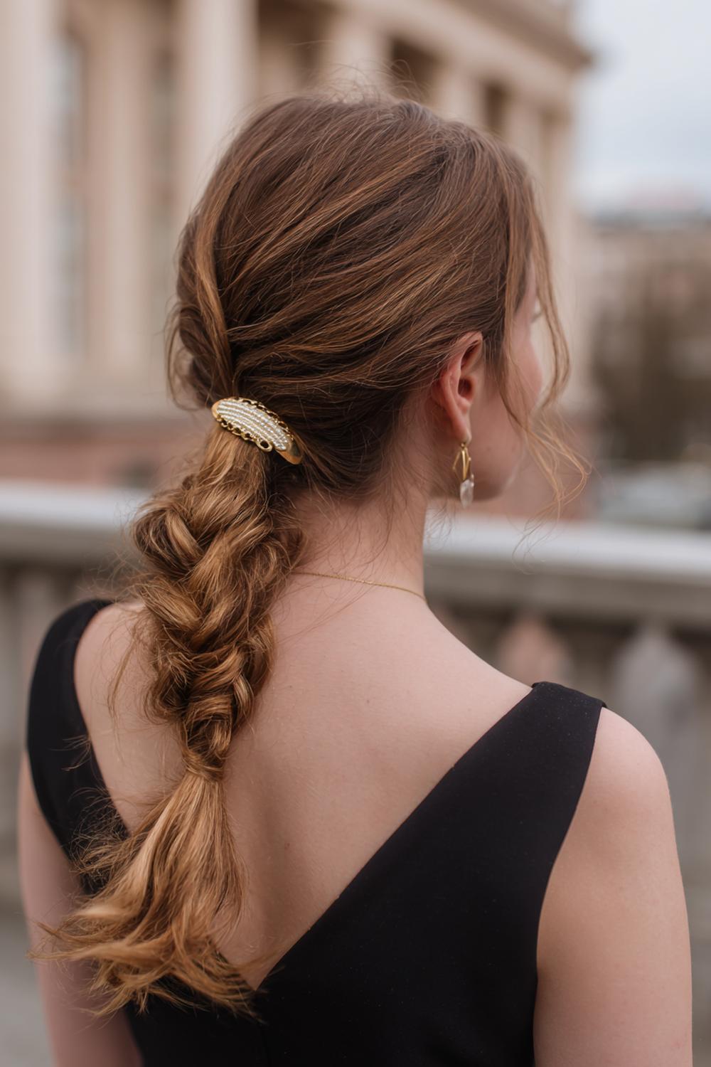 12. Abend Frisuren 2026: Geflochtener Low Ponytail mit schimmernder Haarspange