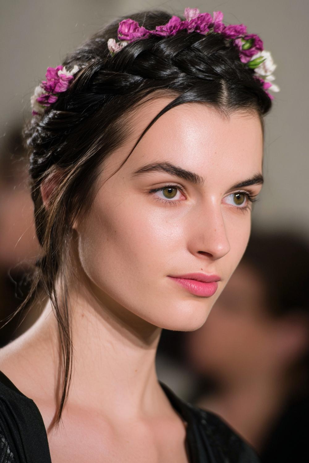 25. Abend Frisuren 2026: Dutt mit geflochtenem Kranz und glattem Ansatz