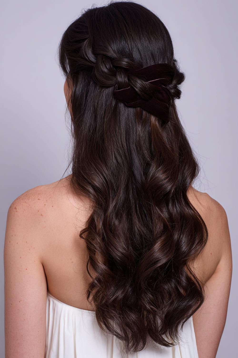 6. Abend Frisuren 2026: Half-up Twist mit Samtschleife und sanften Wellen