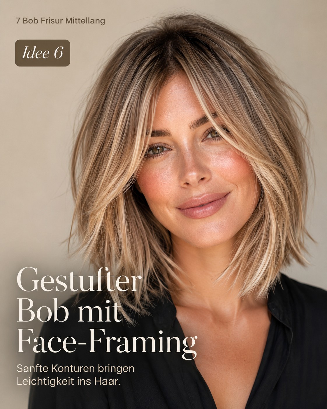 Bob Frisur mittellang gestuft mit Face-Framing-Strähnen rund ums Gesicht