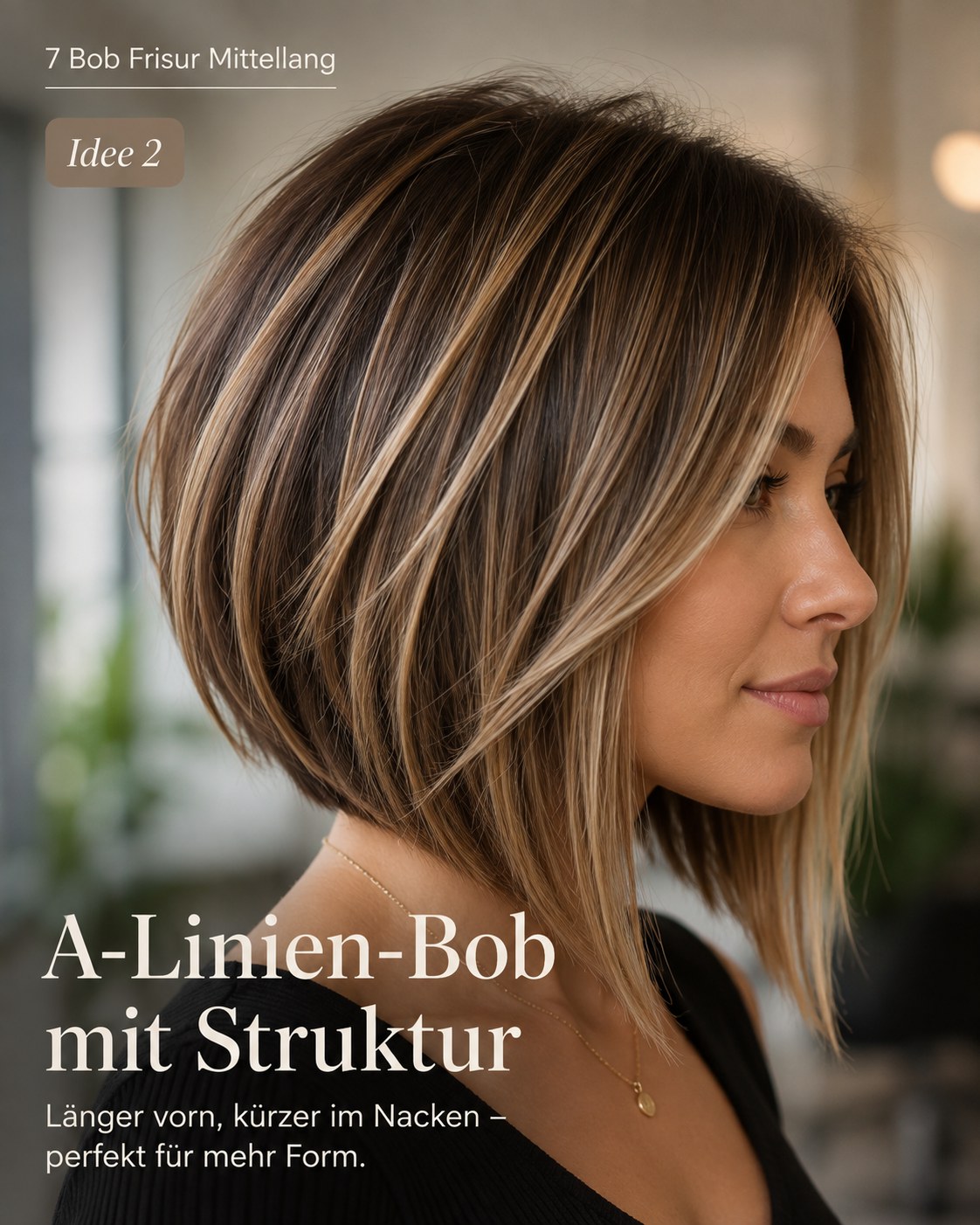 Bob Frisur mittellang als A-Linie geschnitten, vorne länger und hinten kürzer