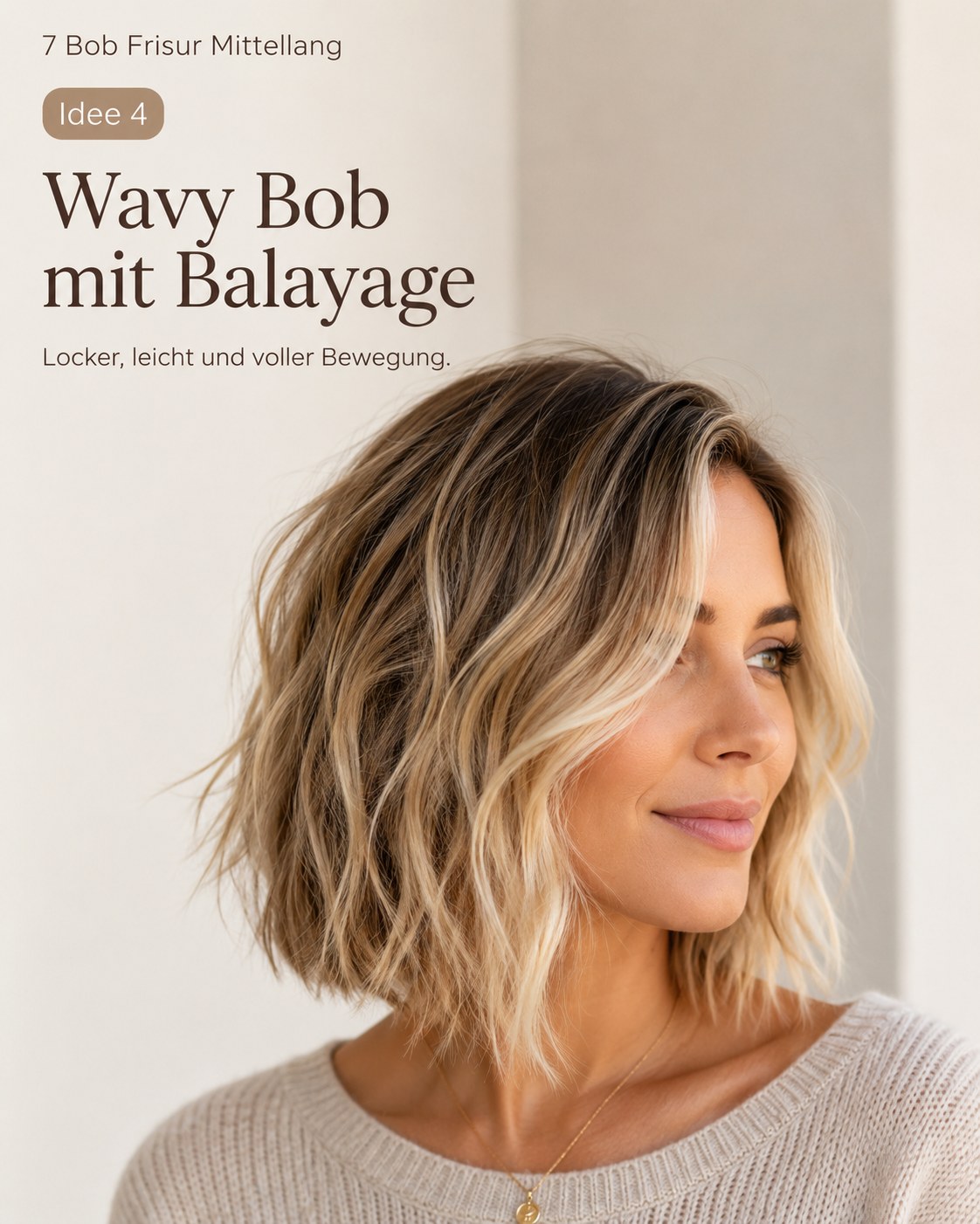 Bob Frisur mittellang mit lockeren Wellen und weicher Balayage-Farbtechnik