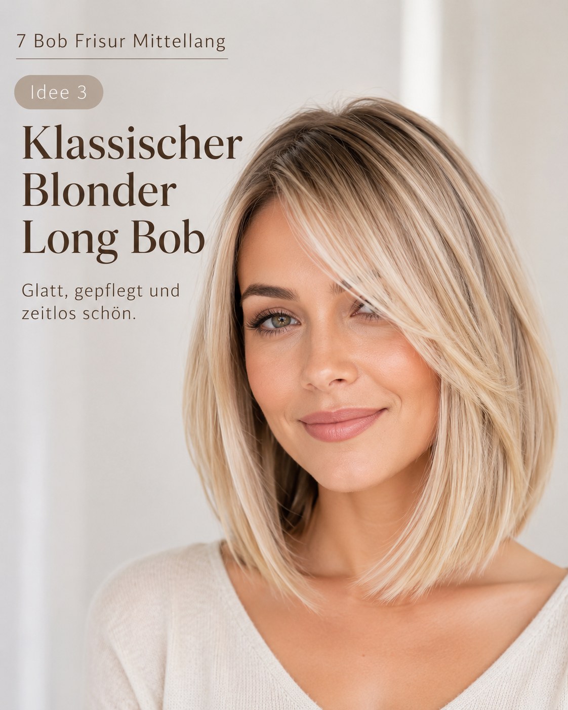 Bob Frisur mittellang in klassischem, glattem Blond mit gepflegten Spitzen