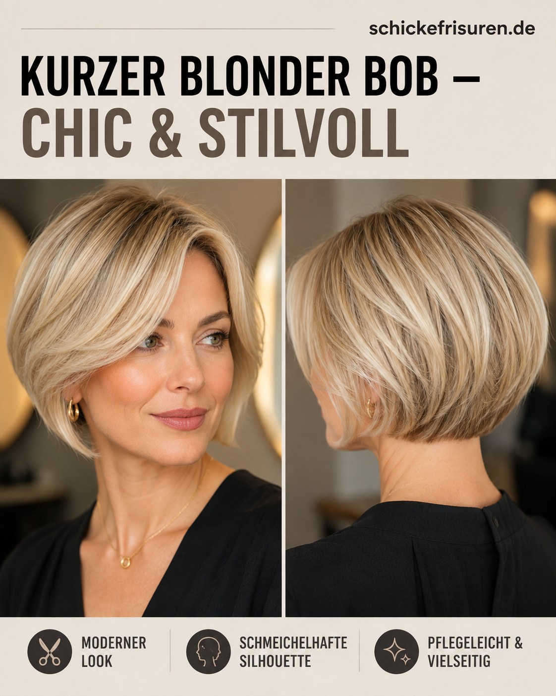 Kurzer blonder Bob mit Schichten im Nacken aus zwei verschiedenen Ansichten gezeigt