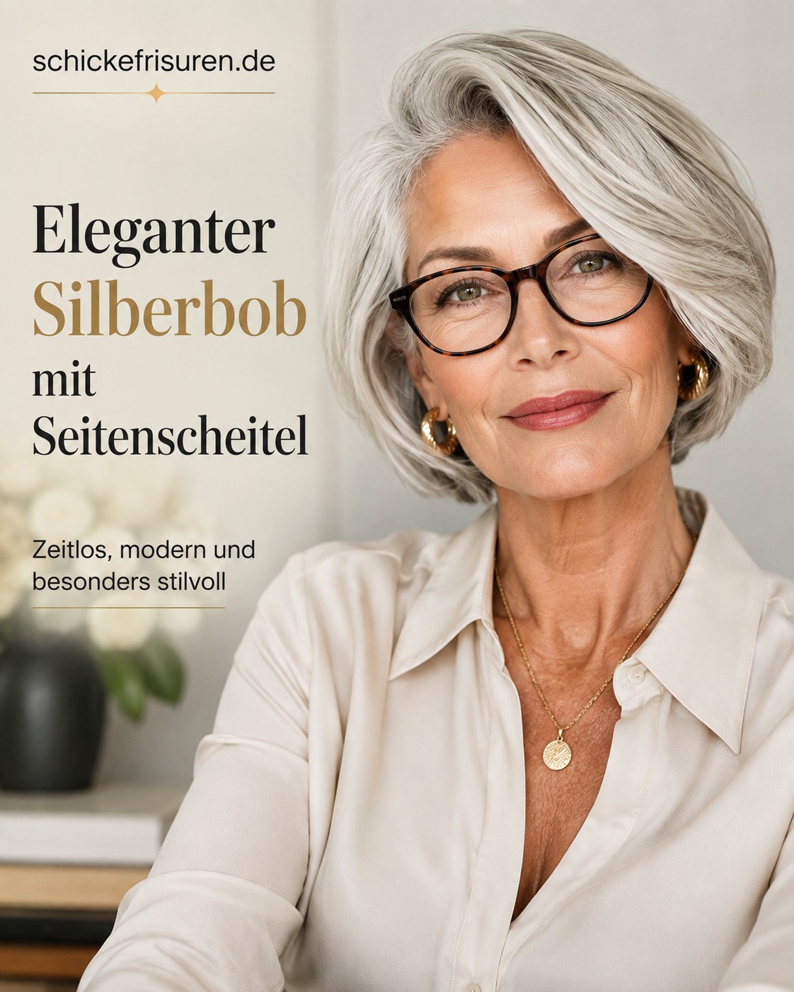 Eleganter Silberbob mit Seitenscheitel als zeitlose gestufte Bob Frisur für Frauen ab 50