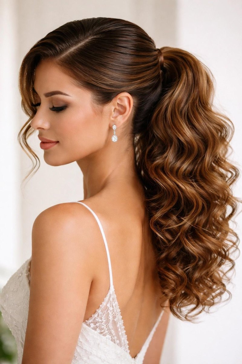 Brautfrisur Slick Back Ponytail Locken