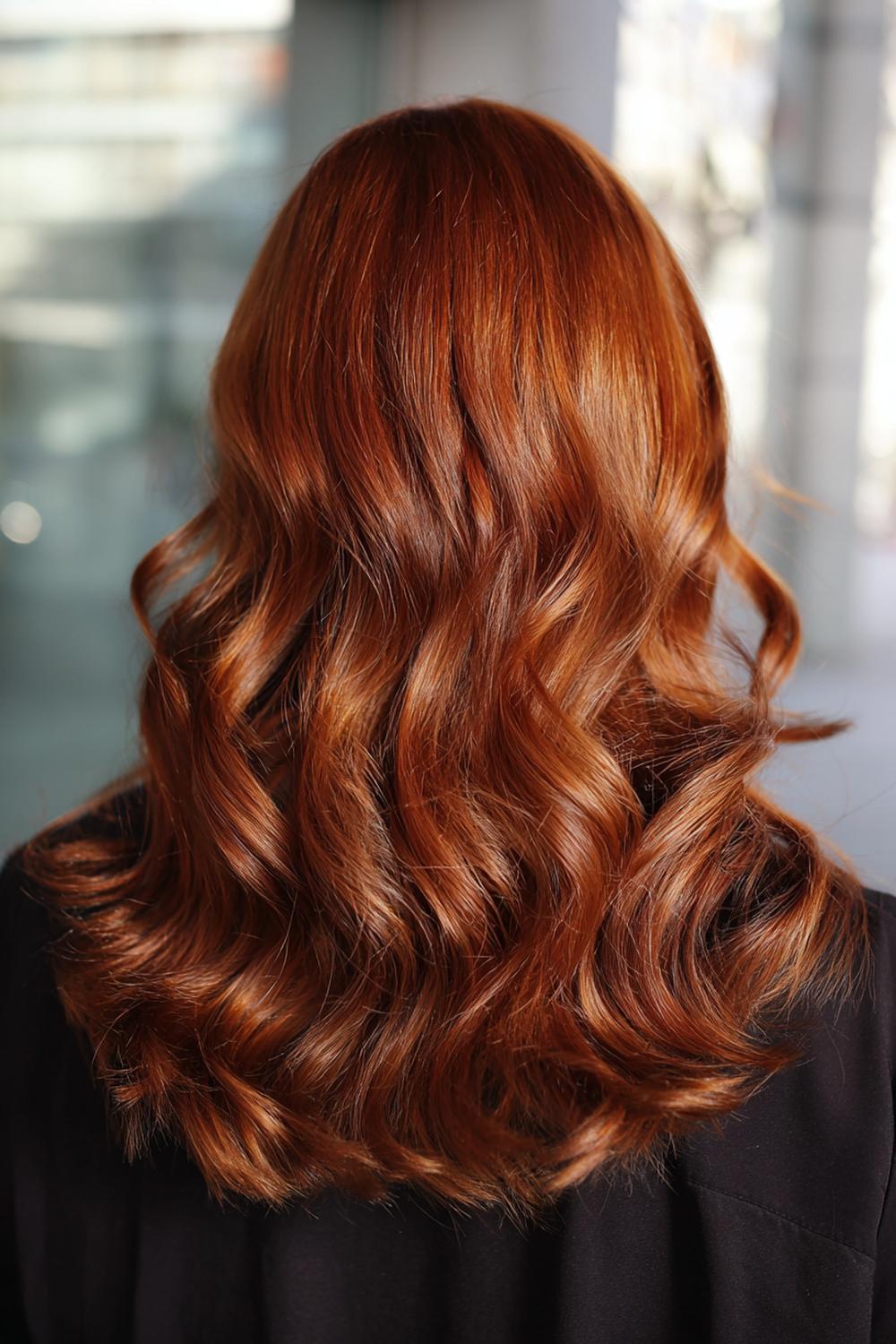 16. Chic Hair Inspiration 2026: Monochrome Kupferwellen mit Glanzfinish