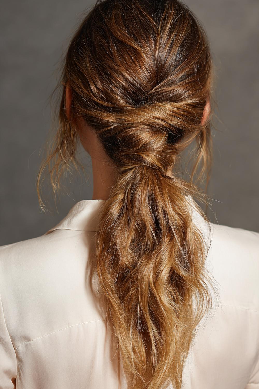 19. Date Night Frisuren 2026: Geflochtener Low Pony mit Strukturspray und zarten Haarringen
