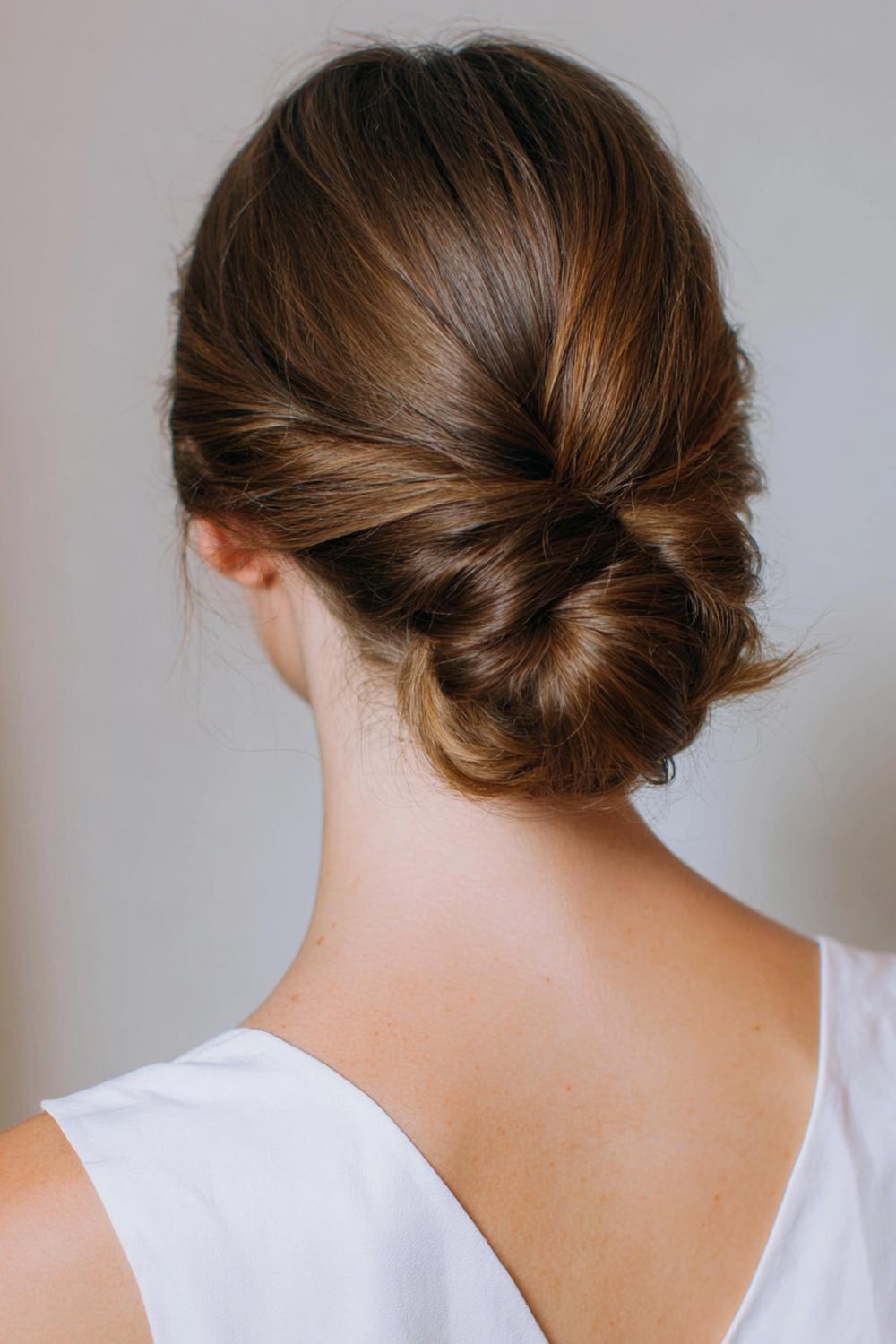 24. Date Night Frisuren 2026: Low Twisted Bun mit Kreuzdrehung und mattem Finish