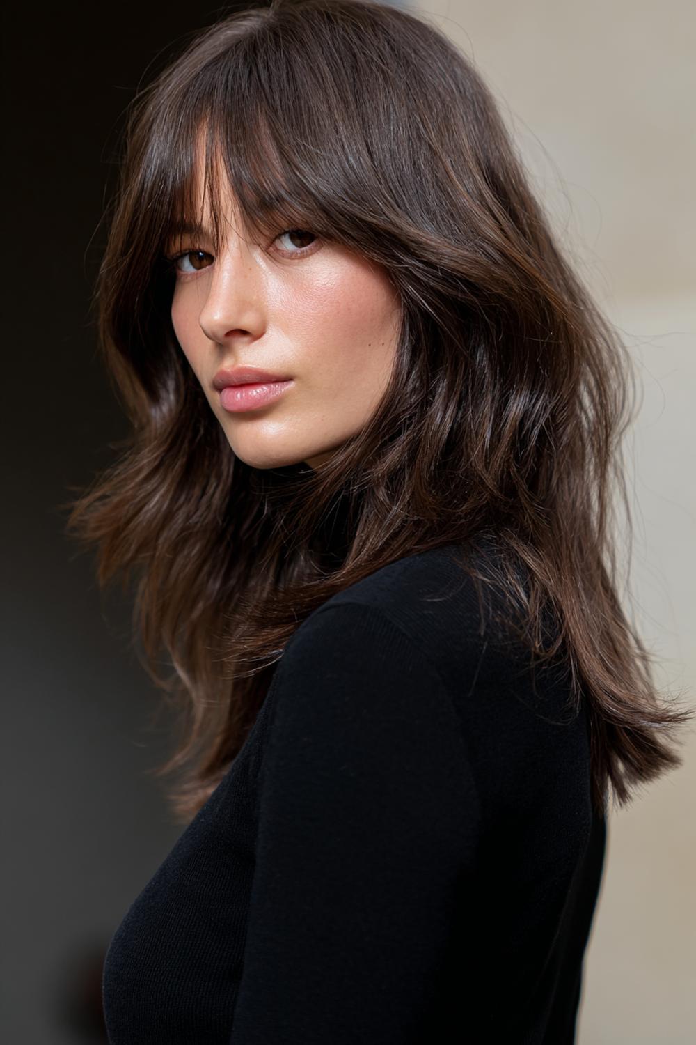 27. Date Night Frisuren 2026: Texturierter Shag mit Curtain Bangs und rockiger Leichtigkeit