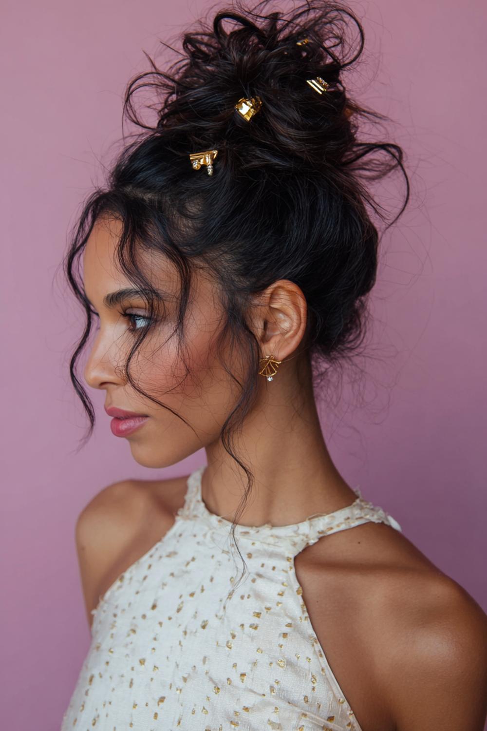 7. Date Night Frisuren 2026: Messy Top Knot mit Seidensträhnen und Goldspangen