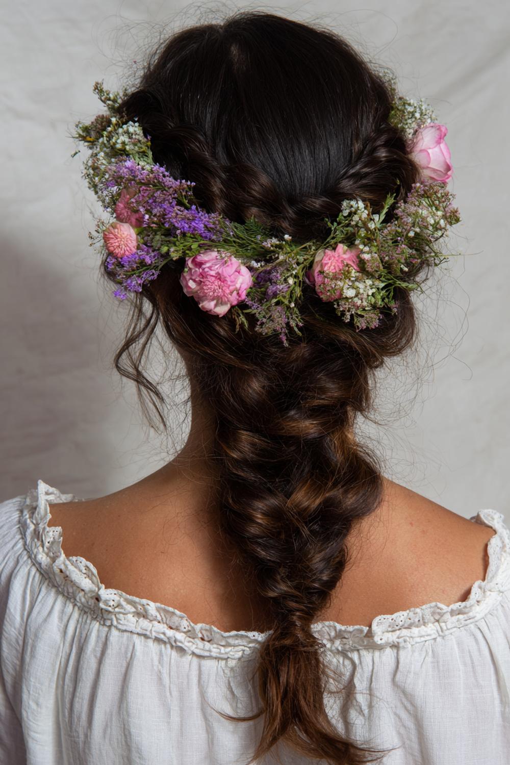 5. Festival Frisuren 2026: Boho Kronen-Zopf mit Trockenblumen