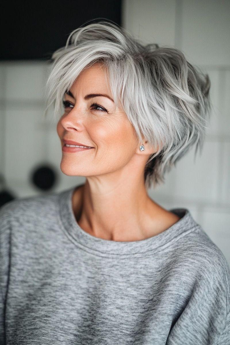 Grauer Pixie Cut für feines Haar