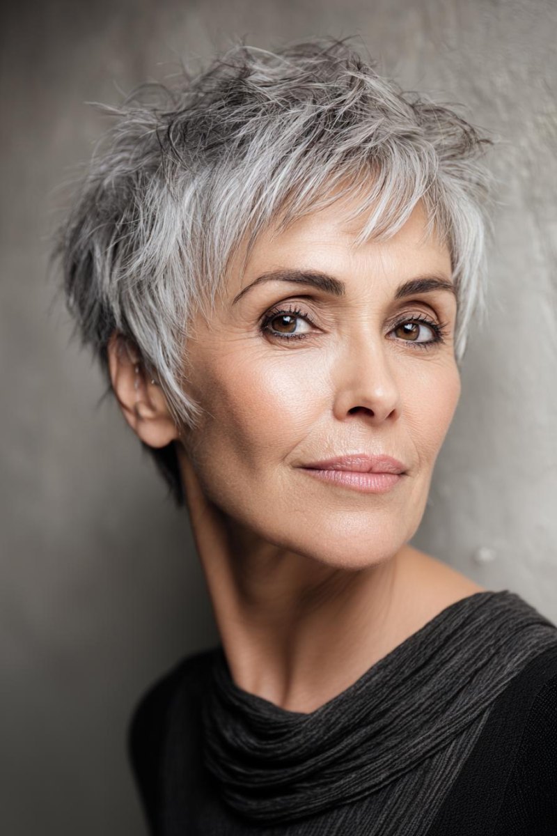 Grauer Pixie Cut reife Frau