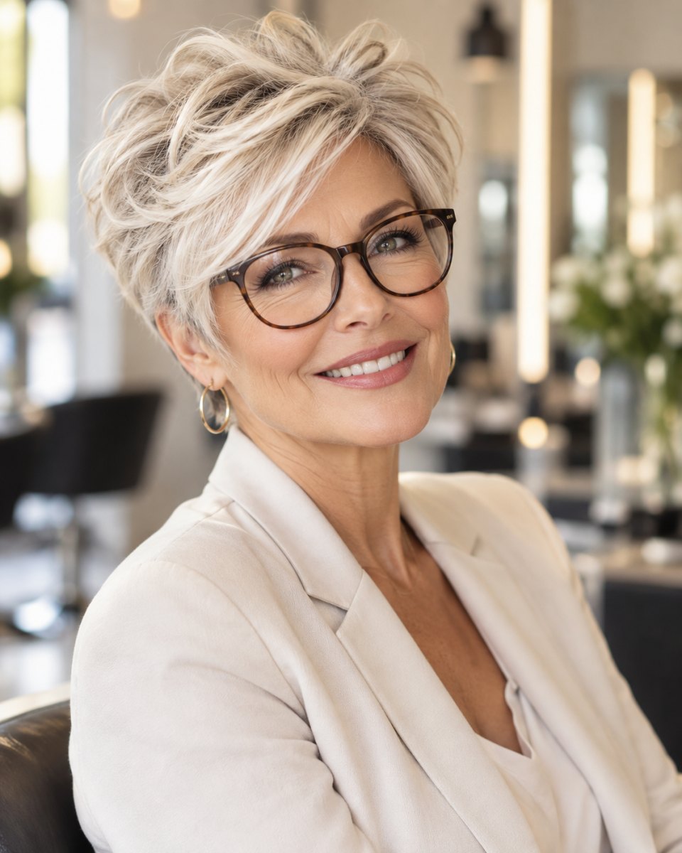 Kurze Frisuren mit Brille ab 50 die wirklich passen