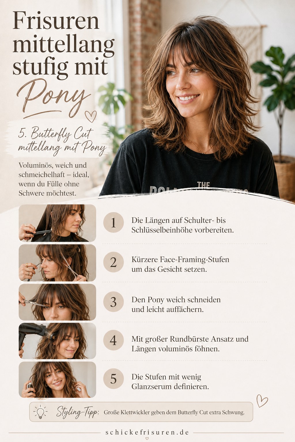 Butterfly Cut mittellang mit Pony liefert Volumen bei den Frisuren mittellang stufig mit Pony