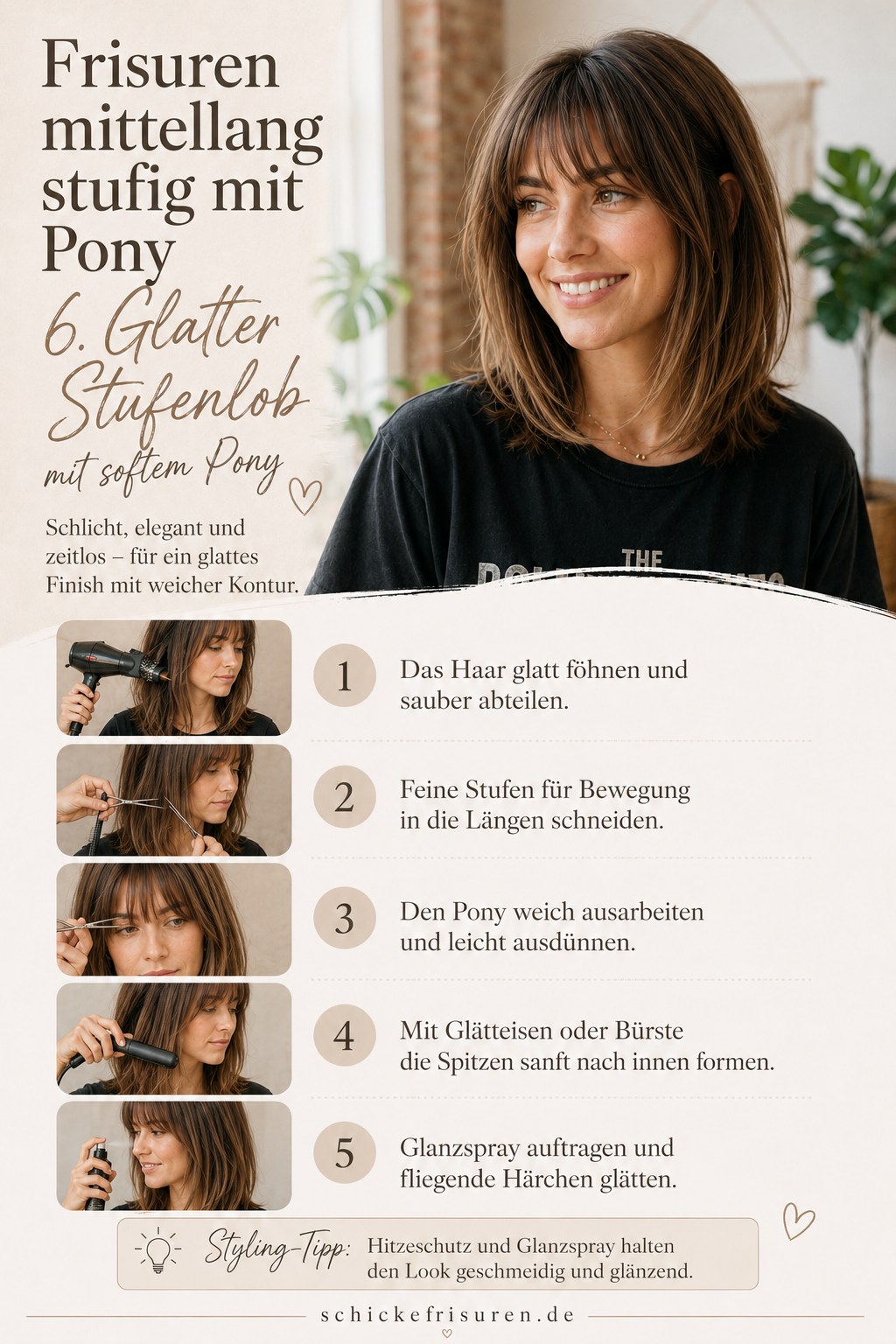 Glatter Stufenlob mit softem Pony als elegante Version der Frisuren mittellang stufig mit Pony