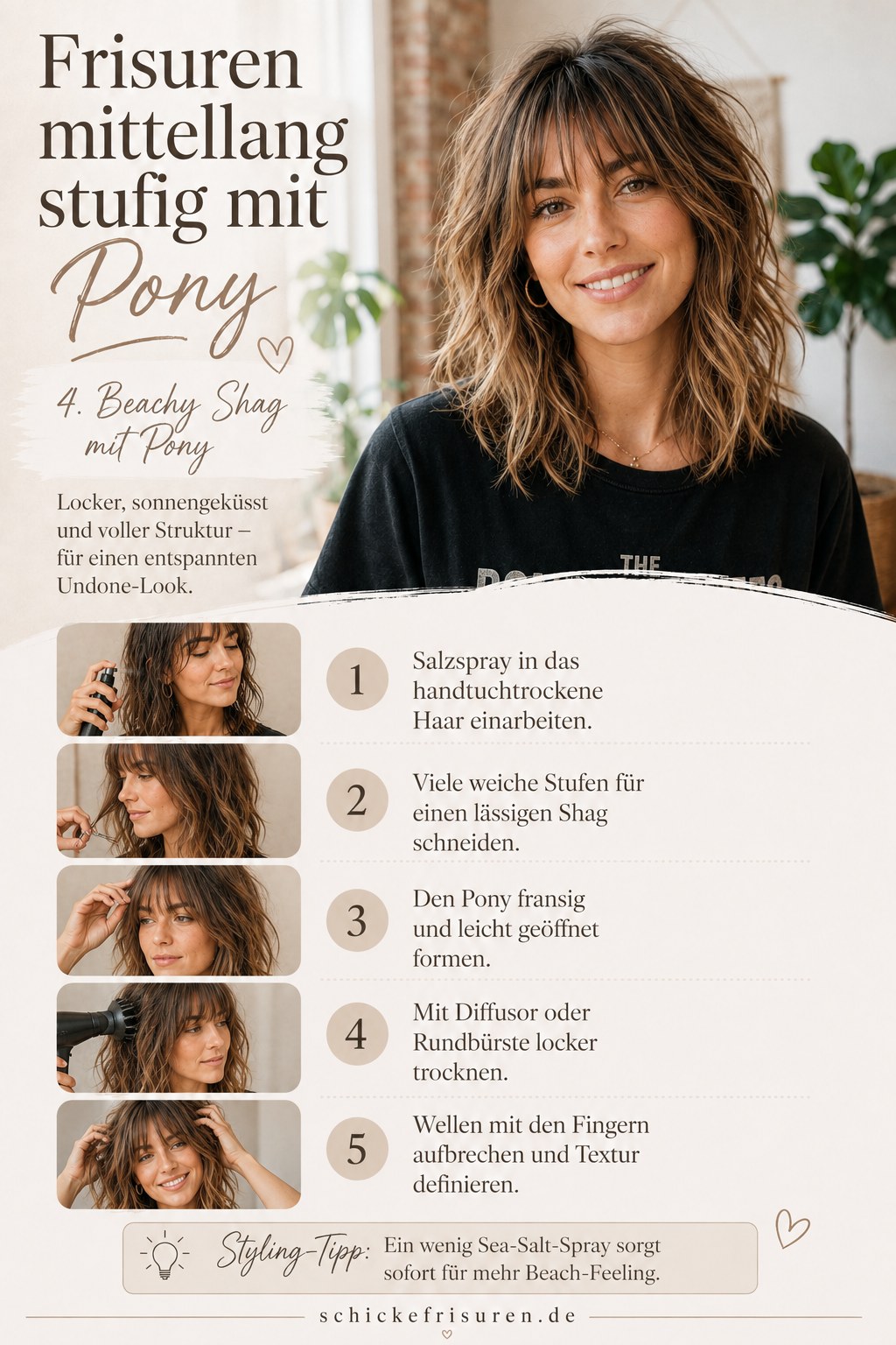 Beachy Shag mit Pony demonstriert einen lockeren Look unter den Frisuren mittellang stufig mit Pony