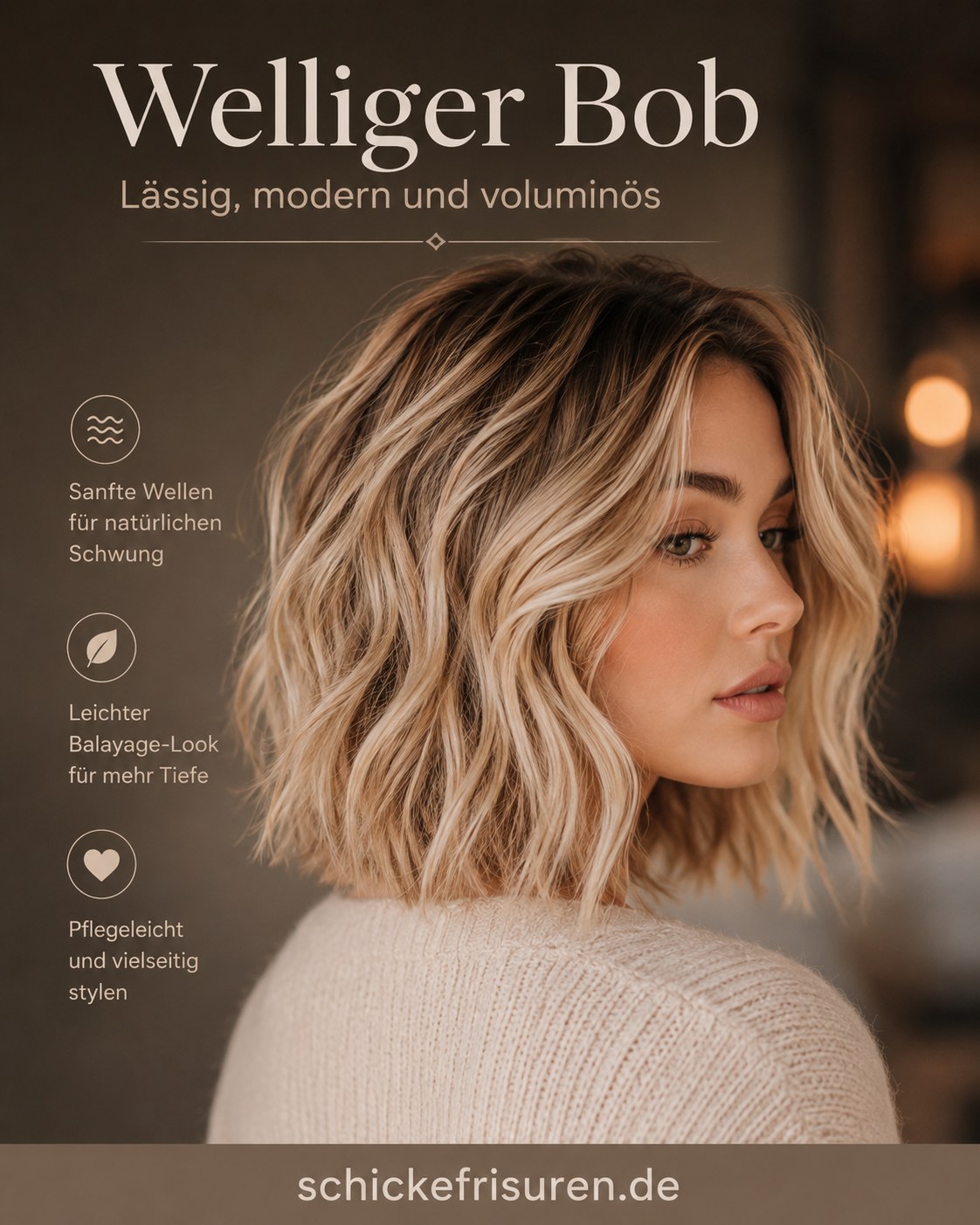 Welliger Bob mit sanftem Balayage-Look als lässige Frisur für mittellanges Haar