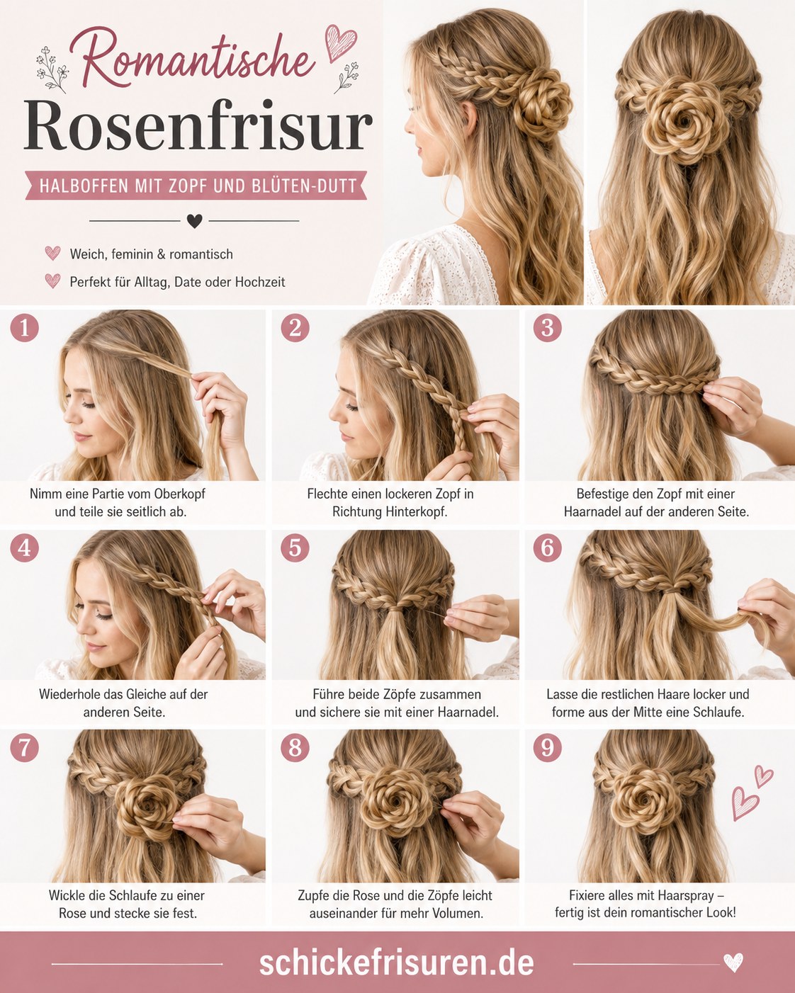 Romantische Rosenfrisur mit Zopf und Blüten-Dutt für mittellanges Haar bei besonderen Anlässen