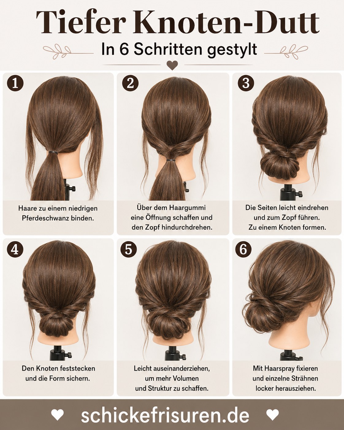 Tiefer Knoten-Dutt in sechs Schritten gestylt für elegantes mittellanges Haar