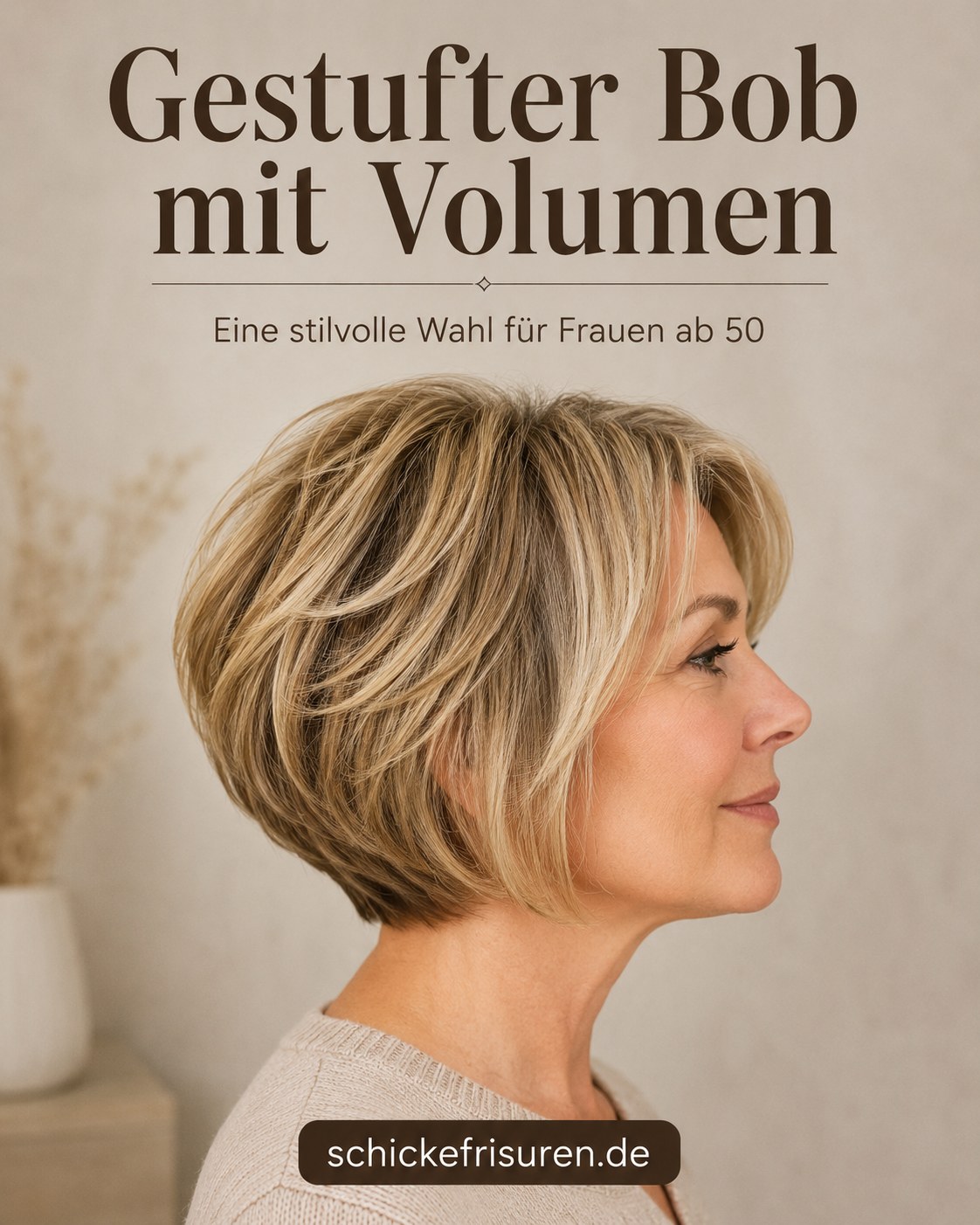 Gestufter Bob mit Volumen zeigt eine stilvolle Frisur für rundes Gesicht ab 50