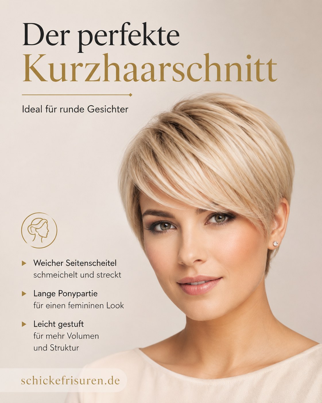 Kurzhaarschnitt mit Seitenscheitel und langer Ponypartie fürs runde Gesicht