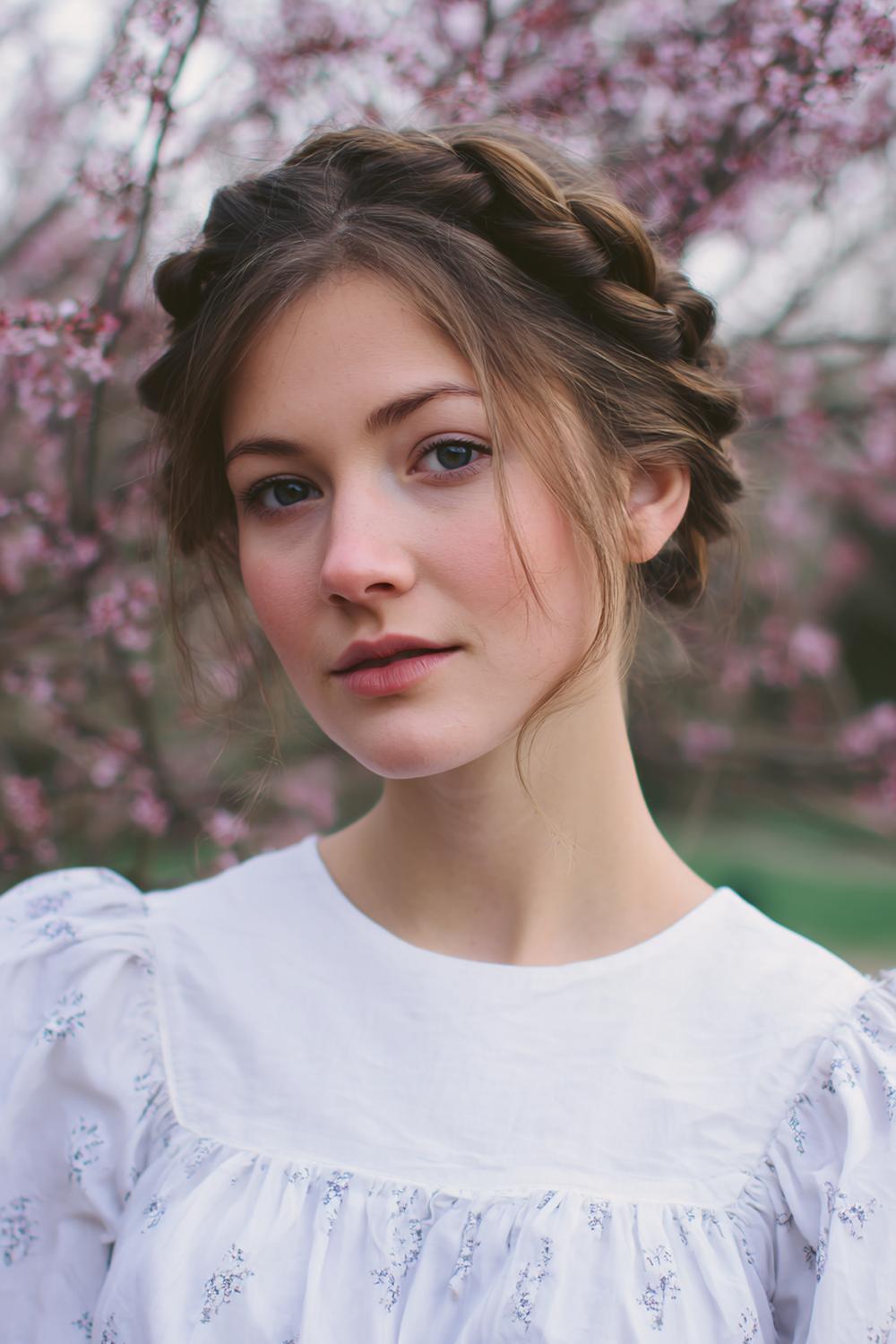 16. Frühling Haare Frauen 2026: Romantischer Milkmaid-Braid mit soften Kanten