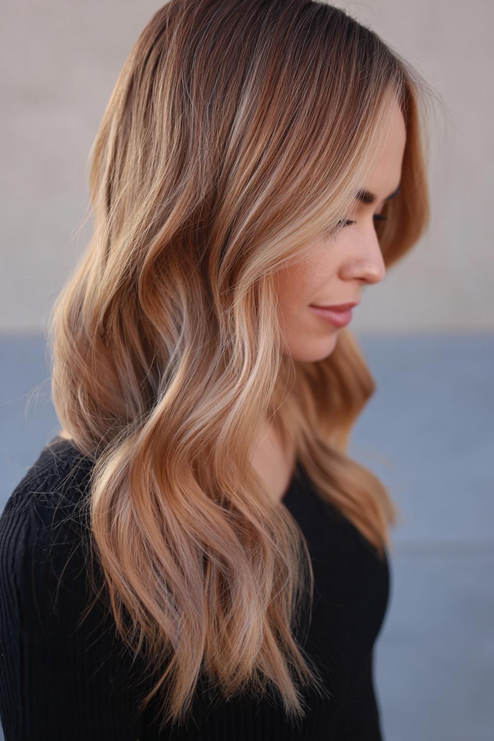 23. Frühling Haare Frauen 2026: Sanfte Balayage mit Apricot-Schimmer und Naturansatz