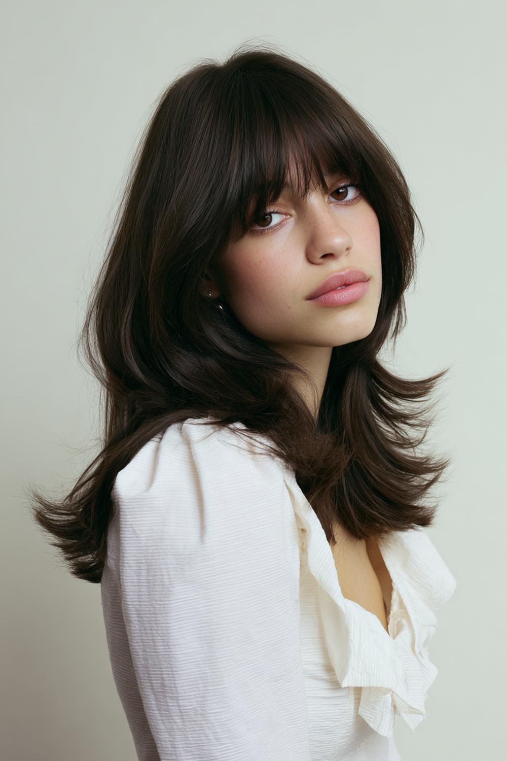 24. Frühling Haare Frauen 2026: Geföhnte 90s-Layers mit Flip-Ends und Rahmenpony