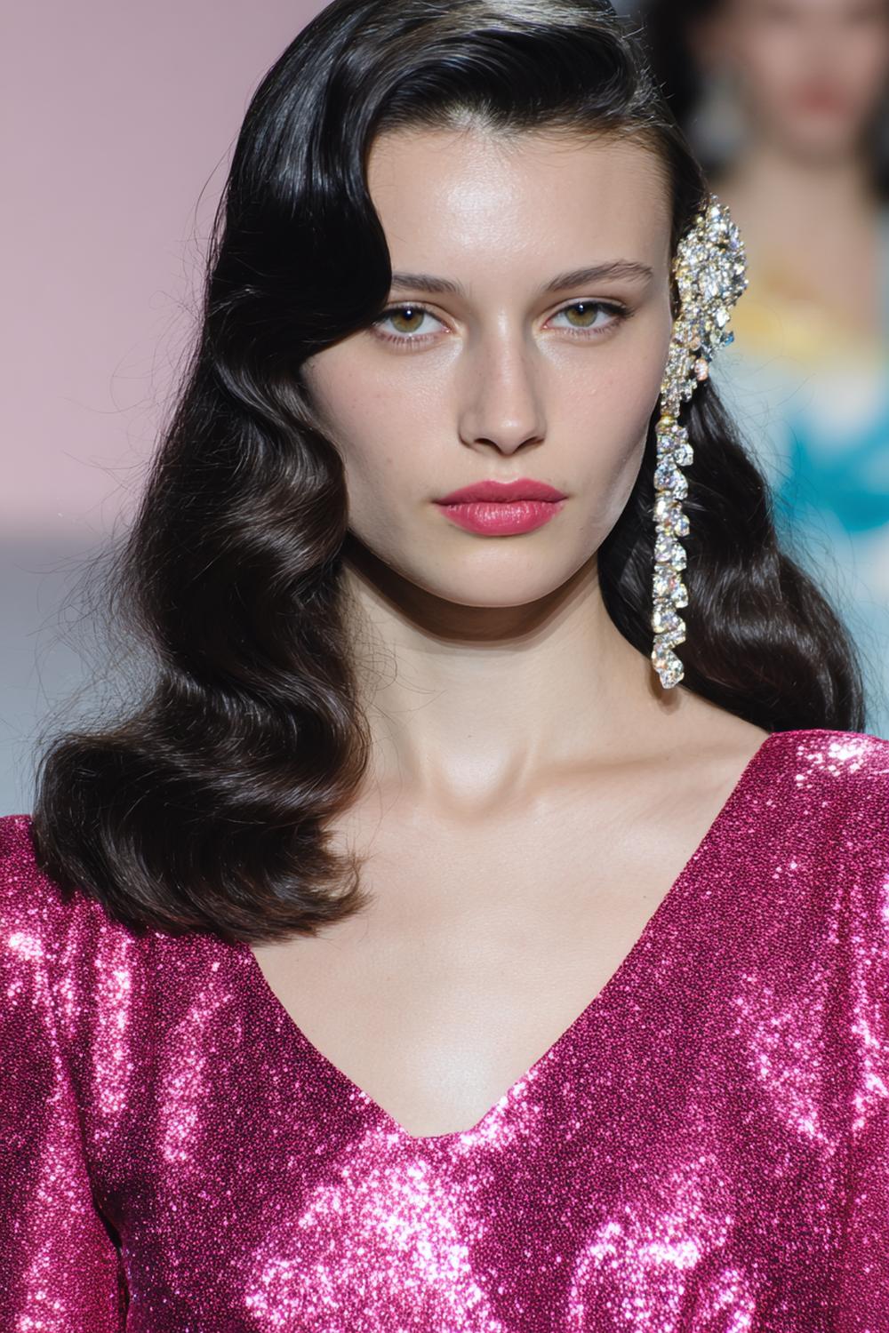 32. Frühling Haare Frauen 2026: Vintage-Wellen mit Seitenscheitel und glänzendem Ohrclip