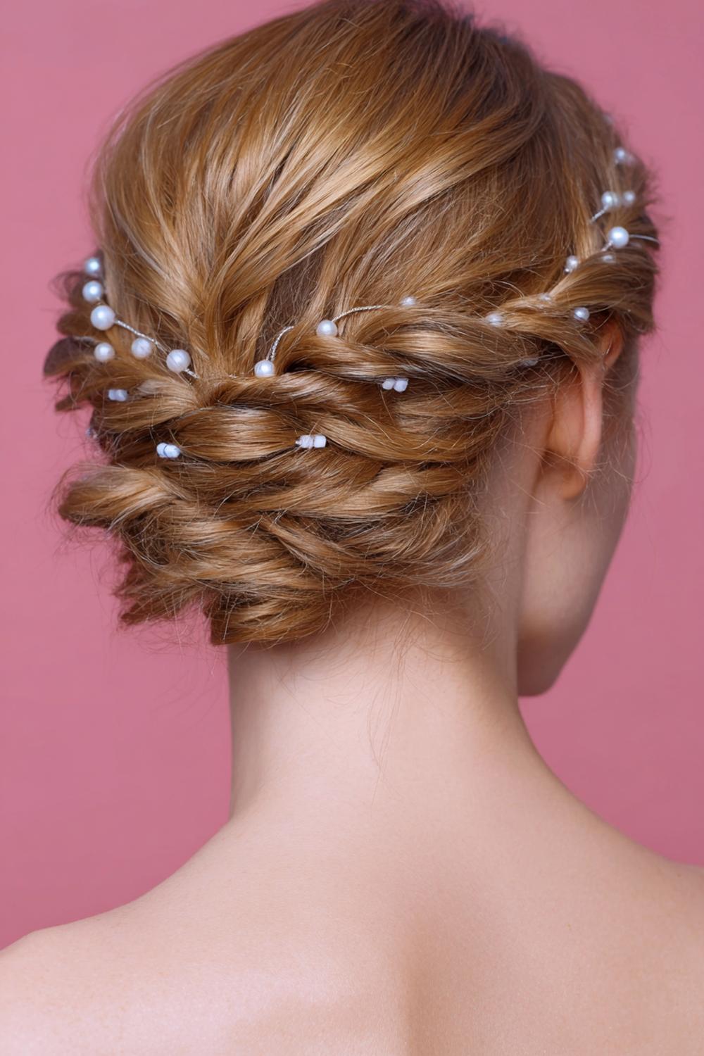 12. Geflochtene Frisuren 2026: Zopfkranz im Nacken mit Perlenpins
