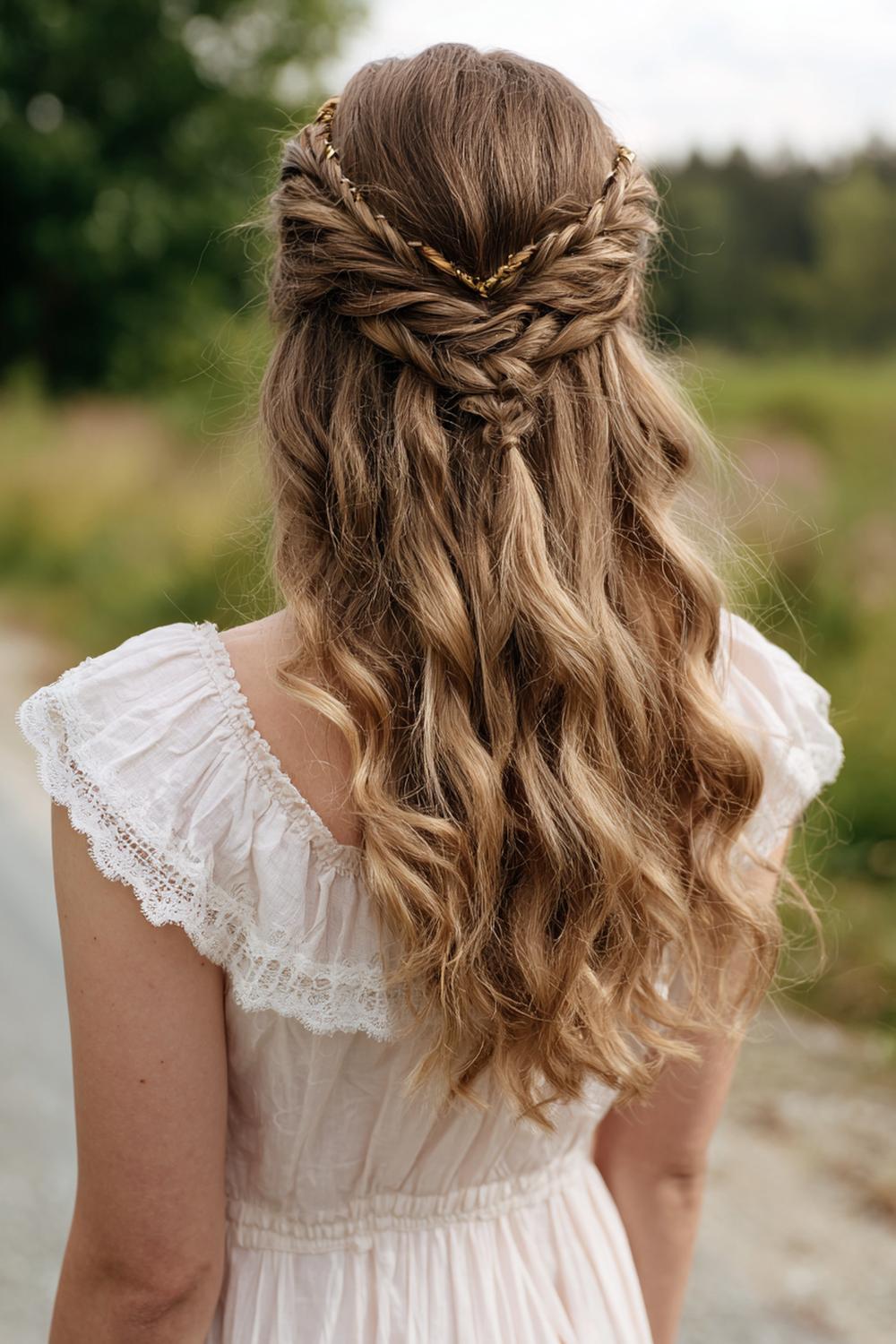 3. Geflochtene Frisuren 2026: Boho-Kronenzopf mit lockeren Wellen