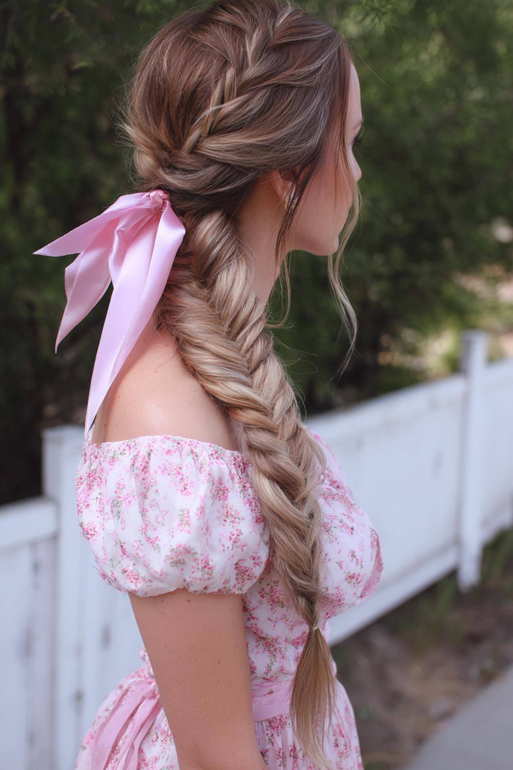 5. Geflochtene Frisuren 2026: Fischgrätenzopf seitlich mit Satinband