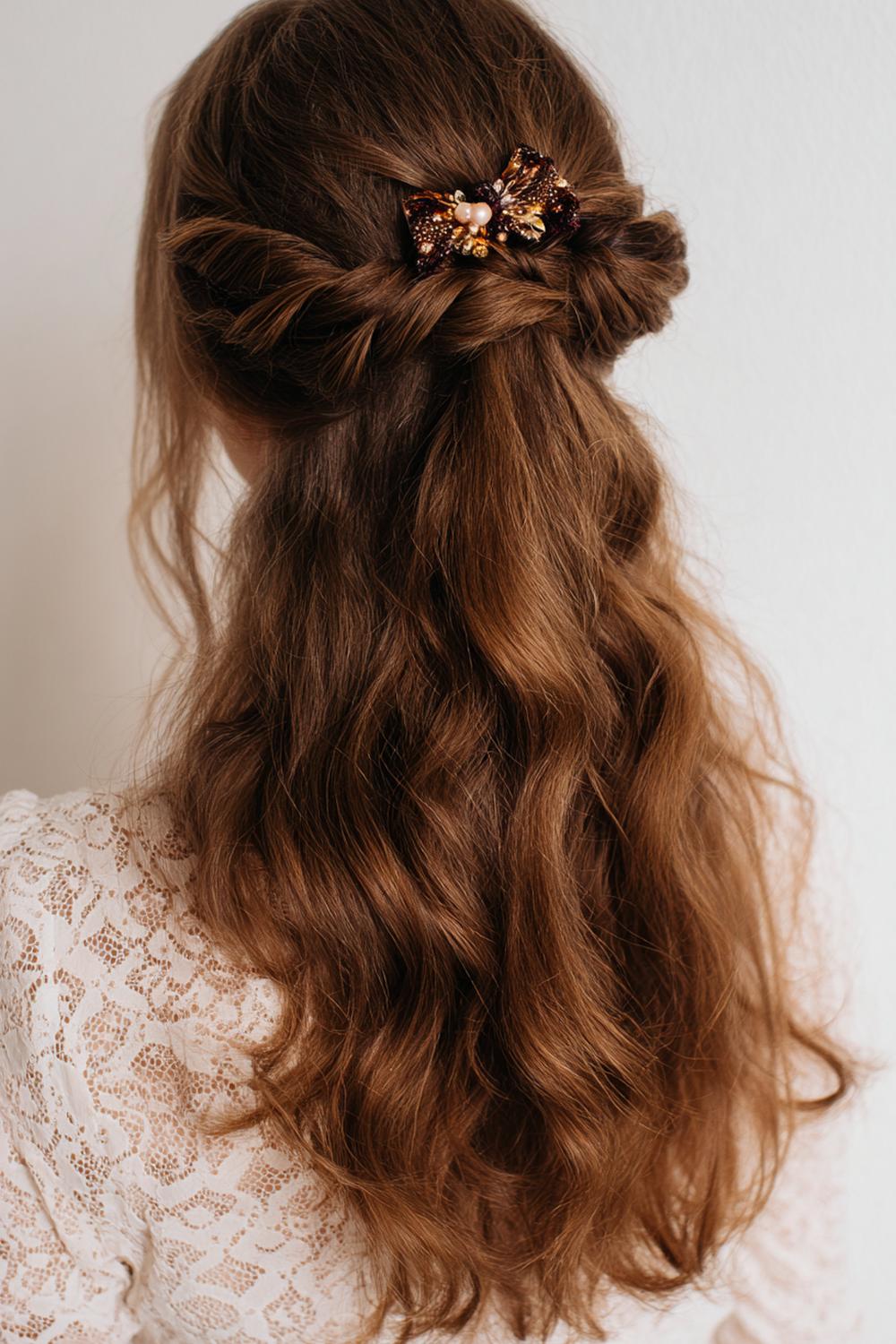 14. Herbst Haare Frauen 2026: Chestnut Half-Up mit Schleifenband