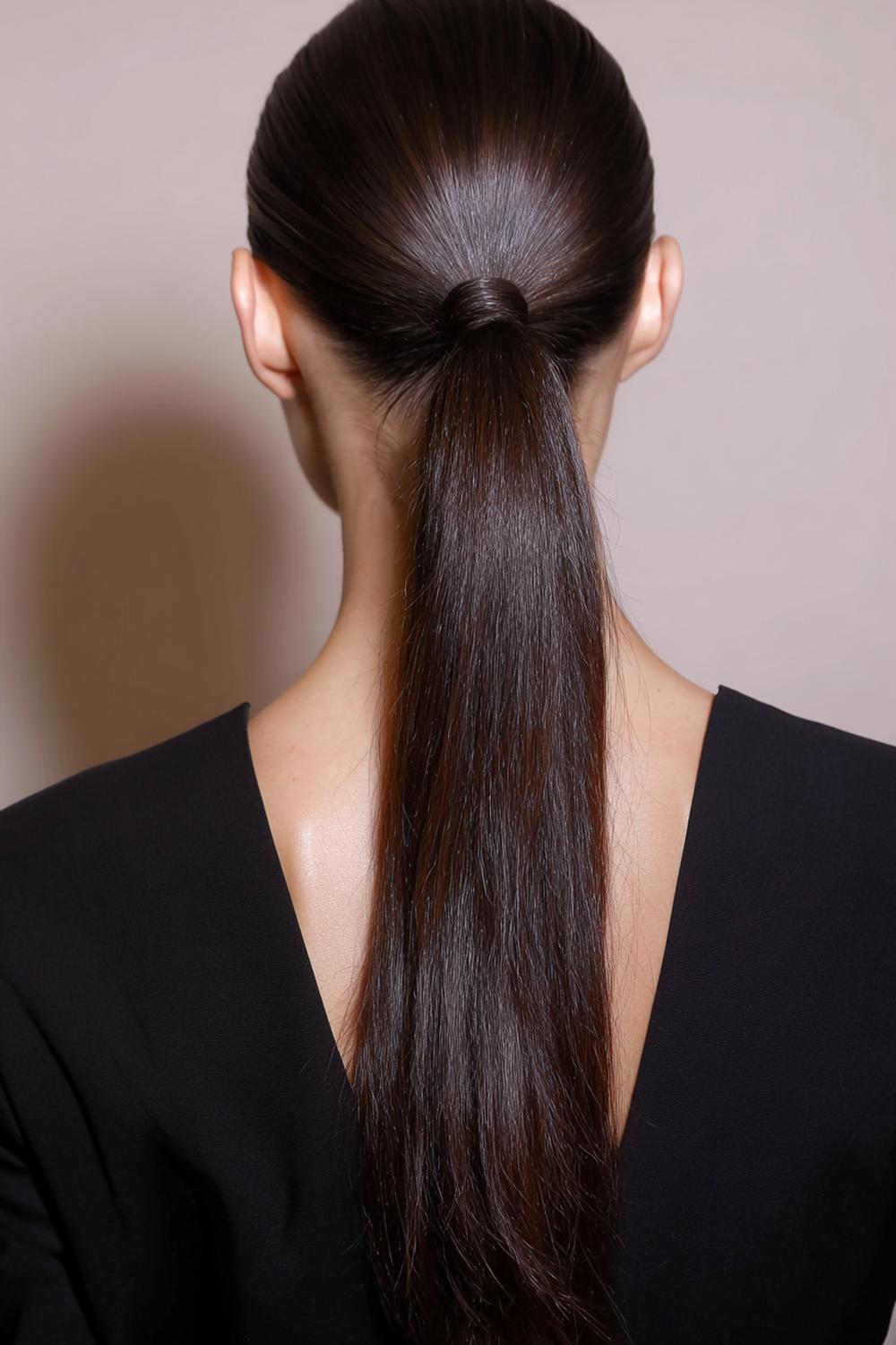 16. Herbst Haare Frauen 2026: Tiefschwarzer Sleek Ponytail mit Scheitel