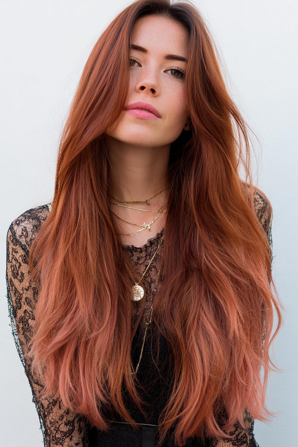 18. Herbst Haare Frauen 2026: Terracotta Ombre auf langen Spitzen