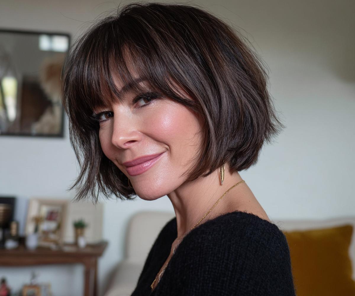 Textured Brunette Bob With Bangs