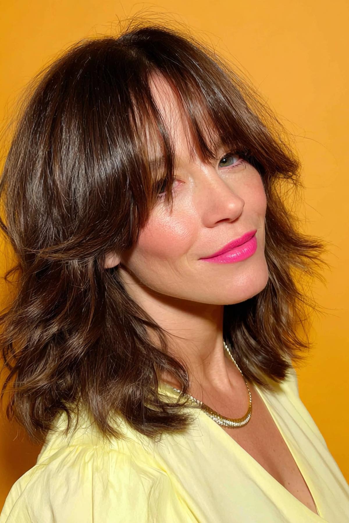 Wavy Brunette With Curtain Bangs