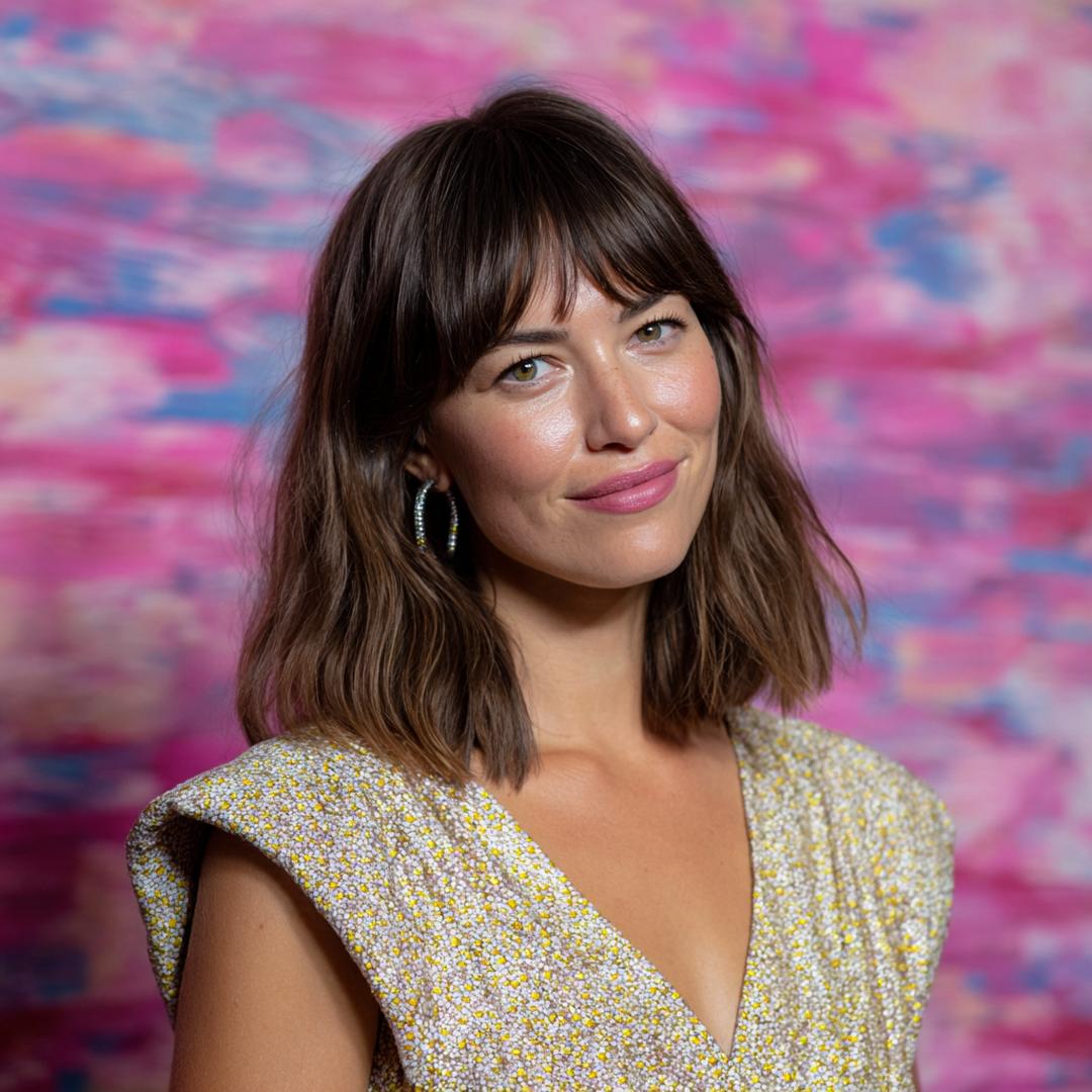 Brown Wavy Lob Curtain Bangs