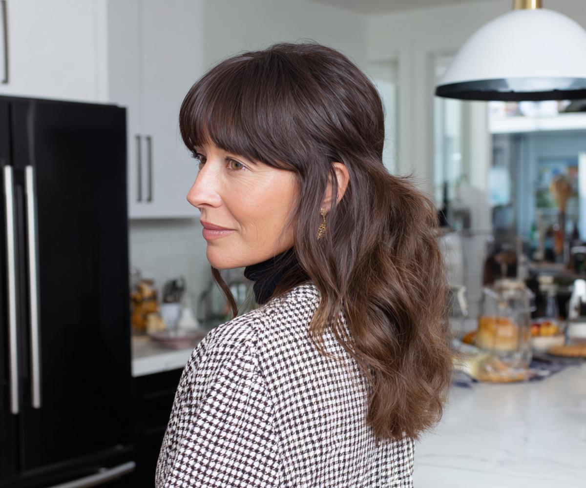 Full Bangs Wavy Brown Hair