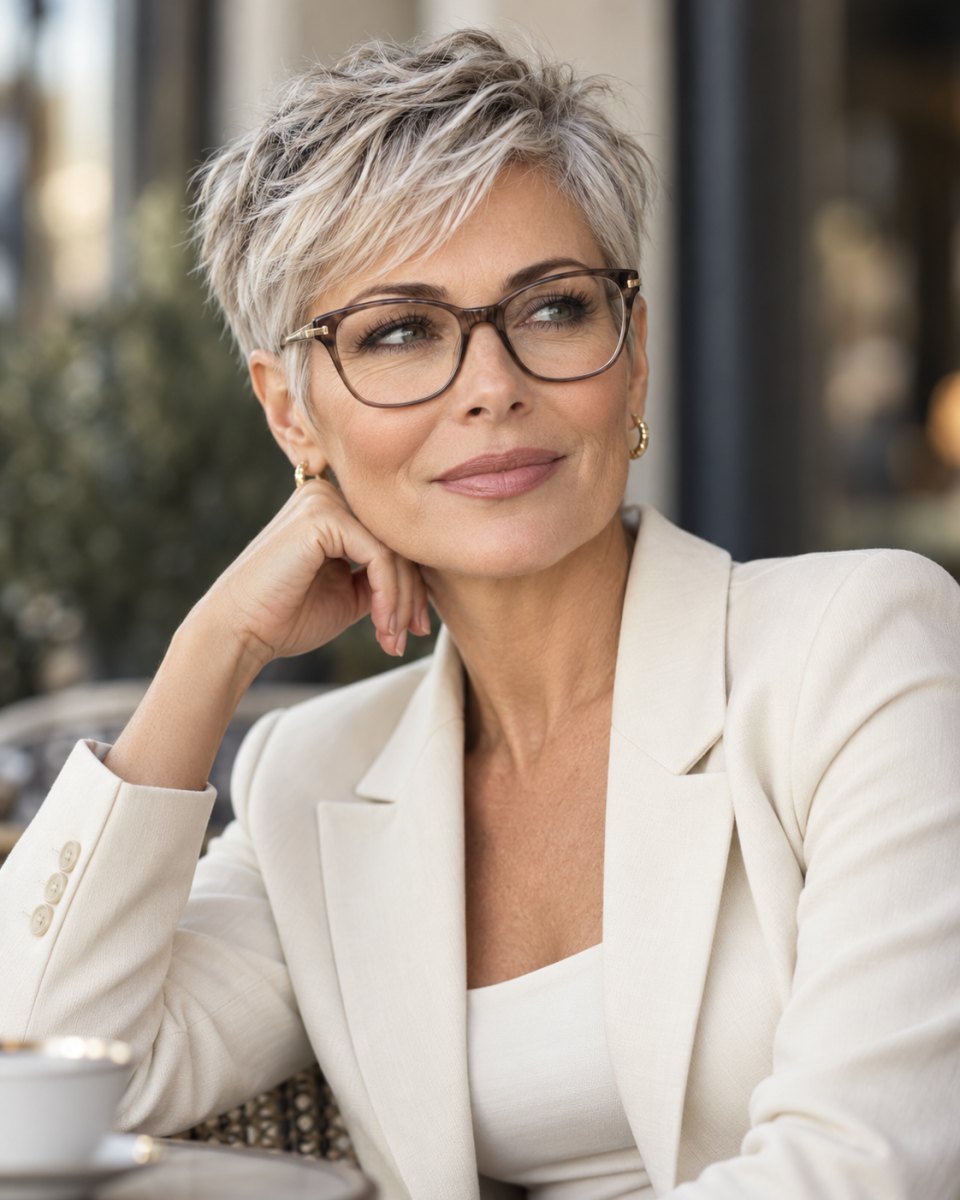 Pixie Frisur Frau mit Brille ab 50