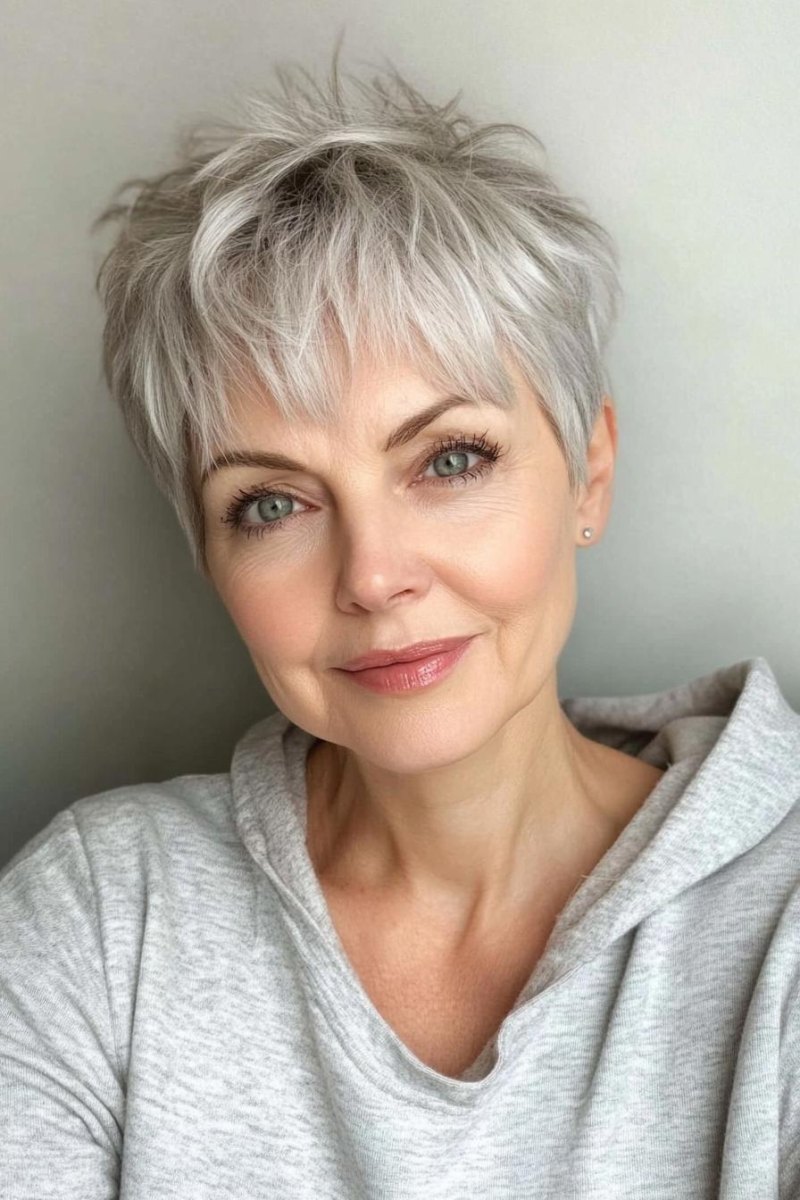 Kurzer grauer Pixie mit Fransen